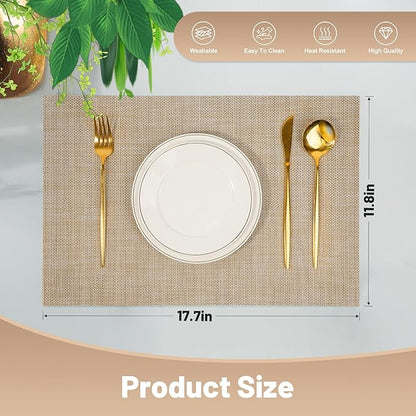 Placemats Set of 12，Non-Slip PVC Weave Table Mats Easy to Clean，Heat Resistant Place Mats for Kitchen Dining Table Decoration Indoor Outdoor，Beige