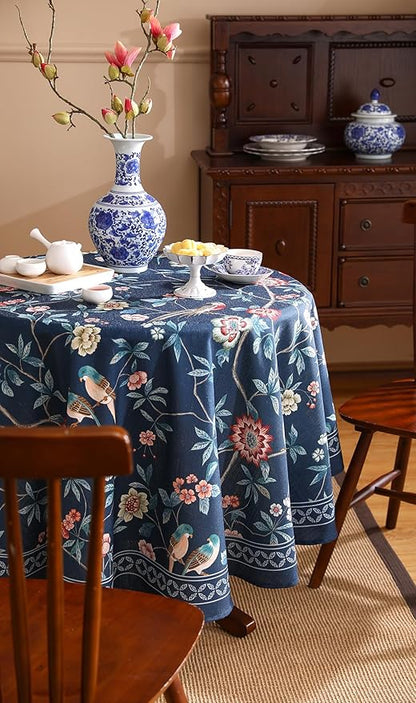 patdrea Designer Dark Blue Linen Round Tablecloth,Vintage Navy French Floral and Birds Pattern Table Cloth,Decoration Table Cover for Kitchen,Dining,Tea Party,Home,Christmas,Diameter 67"