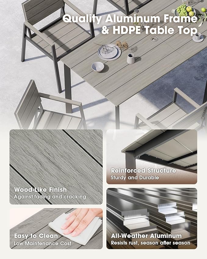 Outdoor Patio Dining Table, HDPS & Aluminum Outdoor Table with Umbrella Hole, All-Weather for Deck, Garden, Lawn, Backyard, Poolside and Indoor Use (Classic Gray)