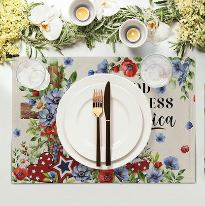 4th of July Placemats Set of 4 Patriotic Floral Cross Stars Independence Memorial Day Place Mats 12x18 Inch God Bless America Linen Fabric Table Mats for Party Kitchen Dining Decoration