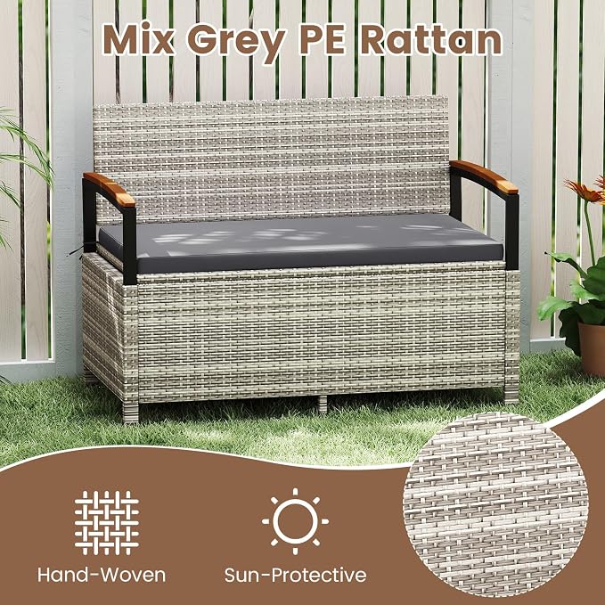 RELAX4LIFE Wicker Outdoor Storage Bench, Rattan Deck Box | 46 Gallon Mix Grey - Image 4