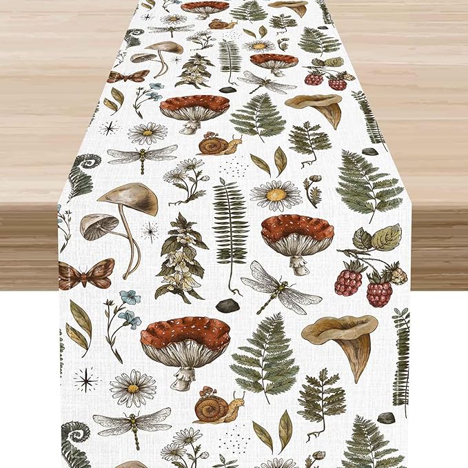 Mushroom Table Runner, Rustic Farmhouse Forest Plants Botanical Country Coffee Table Center Decor for Home Kitchen Dining Patio Holiday Party Indoor Outdoor Table Decorations, 13"x90" Inch