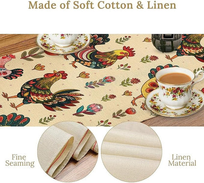 Rustic Farm Animal Table Runner, Vintage Rooster Boho Flowers Table Runner for Kitchen Dining Holiday Home Party 13x70in