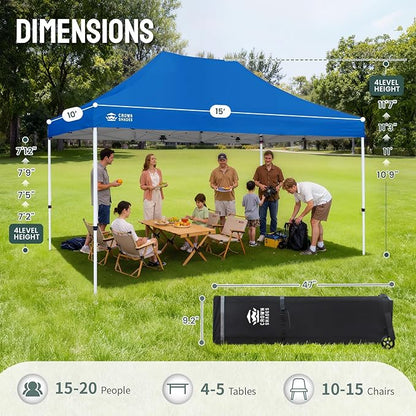 CROWN SHADES 10x15 Pop Up Canopy Tent, Thicken Frame Commercial Heavy Duty Tent, 8 Stakes & 4 Sandbags & 4 Ropes, Outdoor Canopies for Events, Parties,Blue