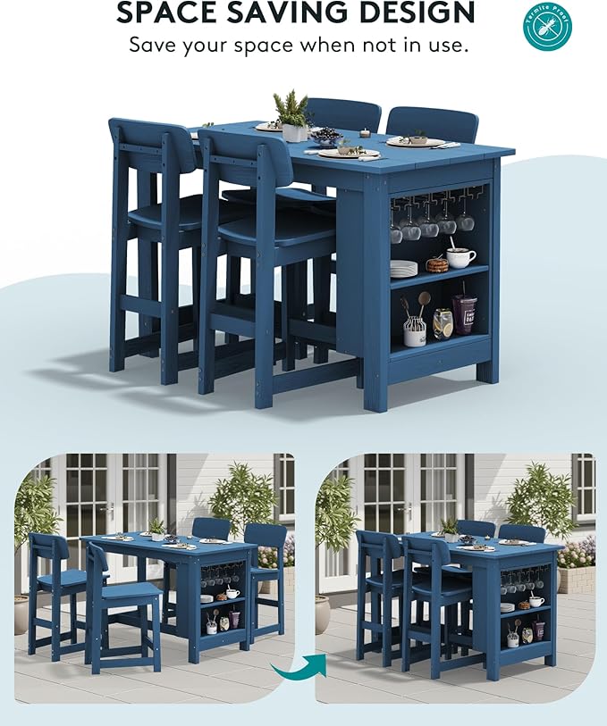 SERWALL Outdoor Bar Table and Chairs Set, 3-Piece HDPE Counter Height Patio Dining Sets with Storage and Wine Rack, Rectangular High Top Bar Table with 2 Bar Stools for Garden, Backyard, Blue