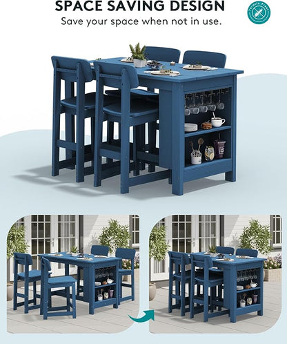 SERWALL Outdoor Bar Table and Chairs Set, 3-Piece HDPE Counter Height Patio Dining Sets with Storage and Wine Rack, Rectangular High Top Bar Table with 2 Bar Stools for Garden, Backyard, Blue