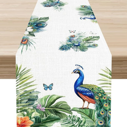 Peacock Table Runner,Traditional Chinese Style Peacock Feather Bird Floral Tropical Leaf Table Center Decor for Home Dining Kitchen Patio Holiday Party Indoor Table Decorations, 13"x72"