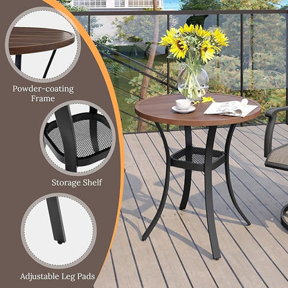 VICLLAX 27.5" Outdoor Round Patio Table for Lawn Garden, All Weather Metal Round Patio Dining Table with Storage Shelf, 2 Person Small Patio Table, Walnut Wood Grain
