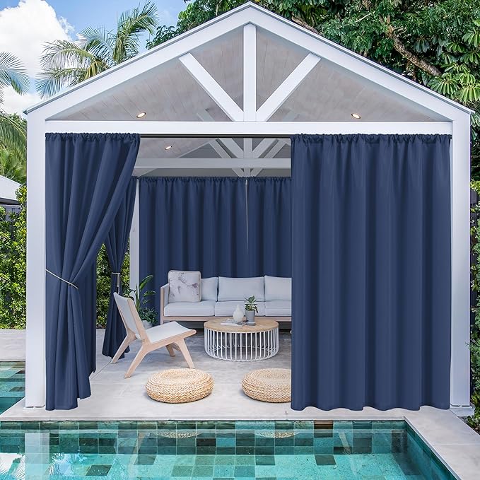 HolidayIdeas Waterproof Patio Outdoor Curtains with Rod Pocket 6 Pcs- UV & Privacy Protect Weatherproof Gazebo Outdoor Drapes for Porch, Balcony, Apartment, Sliding Glass Door, Navy, 54x95 Inch