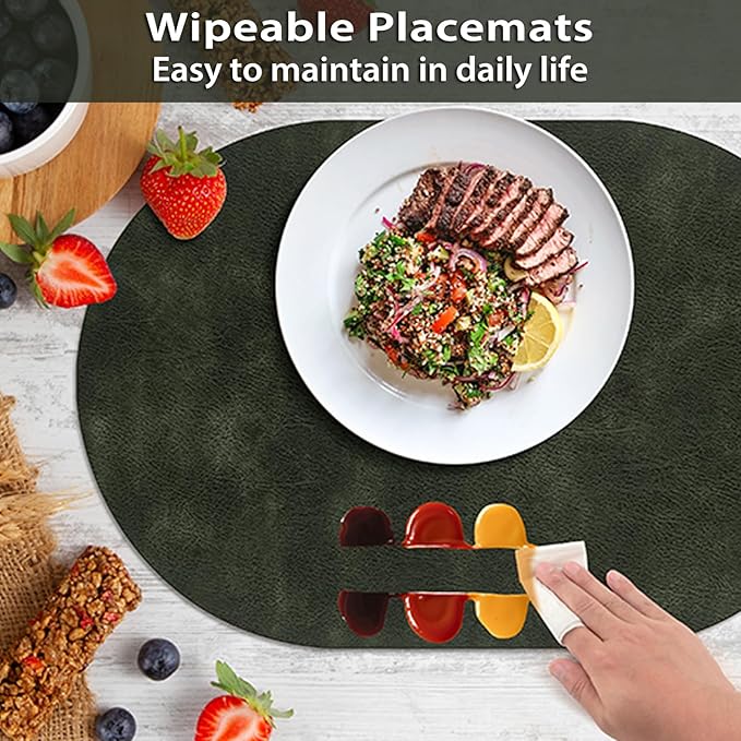 ADRIMER Placemats, Heat Resistant Oval Placemats Set of 12 Washable 12 x 17 Inch, Waterproof Table Mats, Wipeable Pu Place Mats for Kitchen, Dining Room, Olive Green