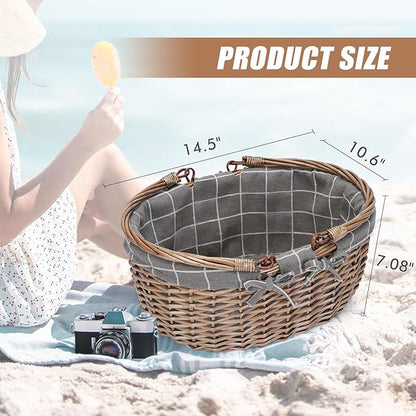 G GOOD GAIN Oval Picnic Basket with Folding Handles, Willow Hand Woven Shopping Basket, Bath Storage Gift Packing Basket, Wicker Empty Easter Eggs and Candy Small Gift Basket.GreyCheck