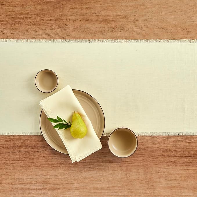 Solino Home Fringe Linen Table Runner 60 Inches - 100% Pure Linen Creamy Ivory Table Runner 14 x 60 Inch Ideal for Dresser and Coffee Tables - Spring, Easter