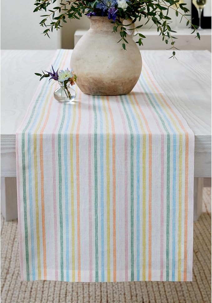Solino Home Striped Linen Table Runner 60 Inches - Julia, 100% Pure Linen Multicolor Muted Pastel Stripe Small Table Runner 14 x 60 Inch Ideal for Dresser and Coffee Tables, Spring, Easter