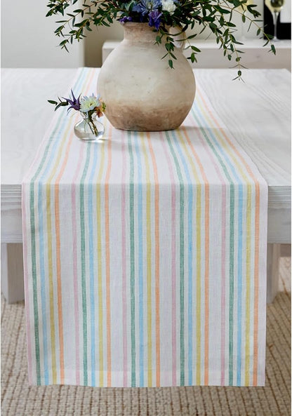 Solino Home Linen Table Runner 156 Inches Long - Julia, 100% Pure Linen Multicolor Muted Pastel Stripe Farmhouse Table Runner 14 x 156 Inch for Dining, Spring, Easter