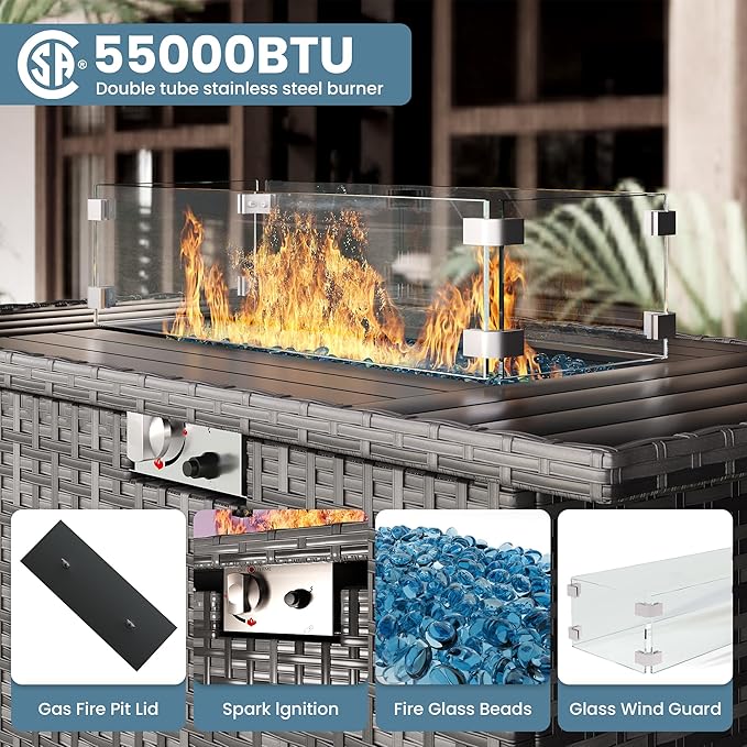 5 Piece Patio Furniture Set with Fire Pit Table, Outdoor Sectional Conversation Sets Grey Wicker Rattan Sectional Sofa for Patio Garden Backyard, 4'' Thickened Cushion Black