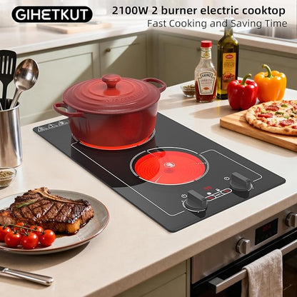 Electric Cooktop,110V 2100W Stove top,9 Power Levels, Kids Lock & Timer, Hot Surface Indicator, Overheat Protection,knob and touch control 2 burner Electric cooktop