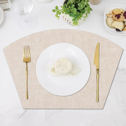 Homaxy Round Table Placemats Set of 6, Washable Wedge Shaped Faux Leather Table Mats, Wipeable Kitchen Dinner Place Mats for Indoor Outdoor, Beige