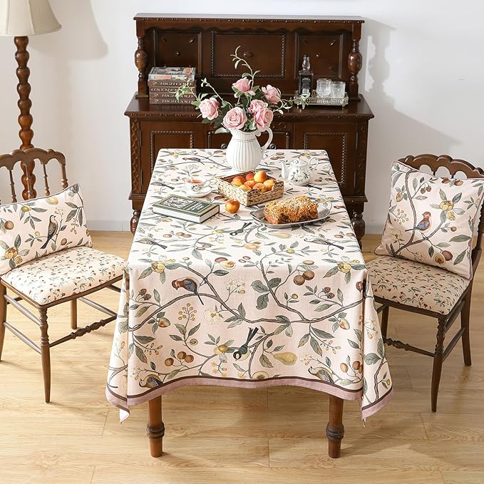 Linen Table Cloth Rectangle,Wrinkle Resistant French Pink Tablecloth Print with Froal,Decor Stitch Table Cloth for Thanksgiving,Dining Room,Home,Kitchen 63" × 102"-Dewey A