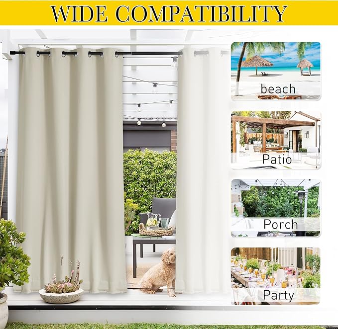 NICETOWN Outdoor Curtains for Patio Waterproof & Windproof W100xL108 Beige | - Image 7