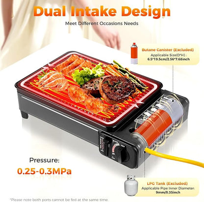 Portable Gas Grill Butane Stove, Tabletop BBQ Grill with Grilling Net and Baking Sheet for Camping Traveling Outdoor Cooking