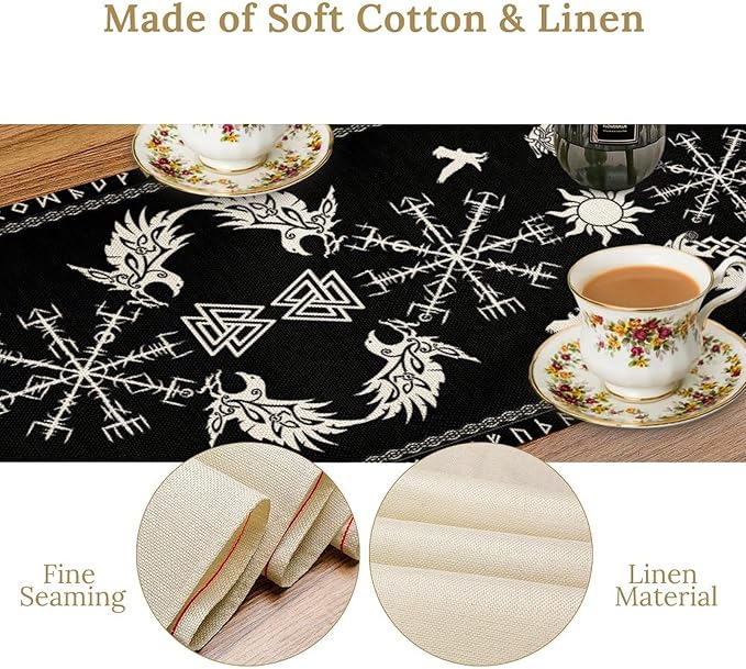 Viking Table Runner, Black Viking Tree of Life Raven Helmet of Awe Table Runner for Kitchen Dining Home Party 13x90in