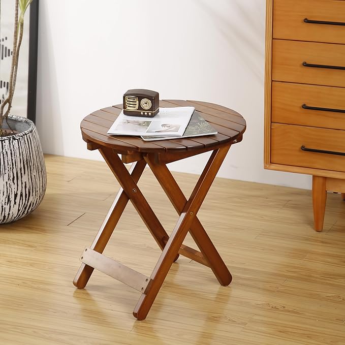 Outdoor Small Table Round Folding Side Table, Foldable Wooden End Table for Indoor, Porch, Patio, Camping as Coffee Table or Plant Stand, Brown ﻿