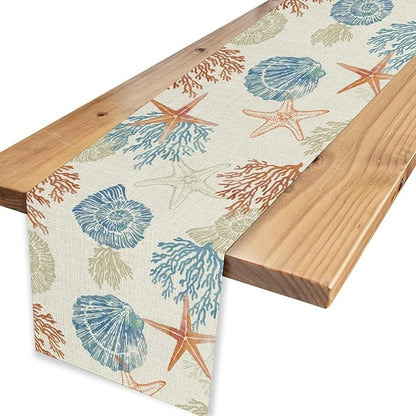 Coastal Table Runner, Rustic Farmhouse Nautical Starfish Seashells Coral Tropical Ocean Beach Blue Summer Coffee Table Center Decor for Home Kitchen Dining Indoor Outdoor Table Decorations, 13"x108"