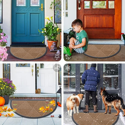 Smiry Half Circle Front Door Mat Outside Entrance, Heavy Duty Sturdy Natural Rubber Doormat, Trap Dirt and Moisture, Low Profile Mats for Indoor Outdoor Entry, Irregular Triangle (36x24, Coffee)