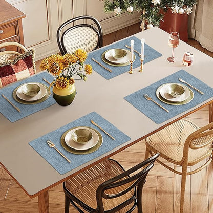 Faux Leather Heat Resistant Placemats Set of 8 – Waterproof Oilproof Wipeable Dining PU Vinyl Place Mat Easy Clean Table Mats for Kitchen/Dining/Party/Holiday, Blue