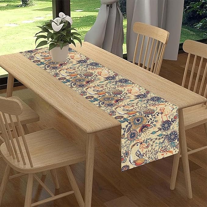 Beige Paisley Table Runner, Rustic Damask Antique Floral Flower Retro Boho Swirled Pattern Print Vintage Table Center Decor for Family Kitchen and Living Room Indoor Table Decorations, 13" X 36"