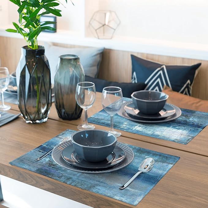 Modern Art Placemats Set of 4 Blue and Grey Abstract Painting Place Mats Washable Linen Placemat for Kitchen Dining Table Home Party Dinner Decor 18x12 Inches
