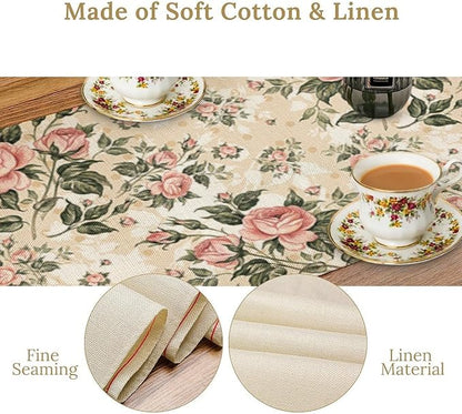 Rose Floral Table Runner,Vintage Watercolor Spring Summer Seasons Flowers Table Decoration for Wedding Holiday Indoor Outdoor Home Party 13x60in