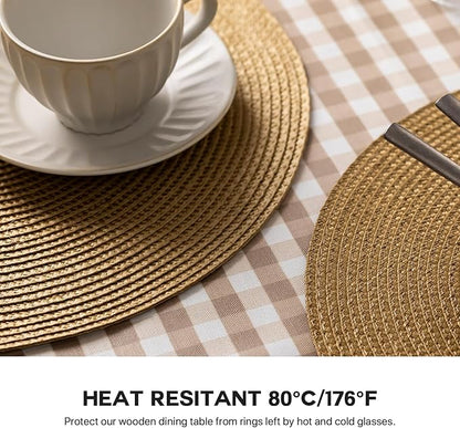 Round Placemats Set of 6 Plastic Woven Placemats Washable Wipeable Table Mats for Dining Table Heat Resistant Non-Slip Circle Place Mats (Tan)