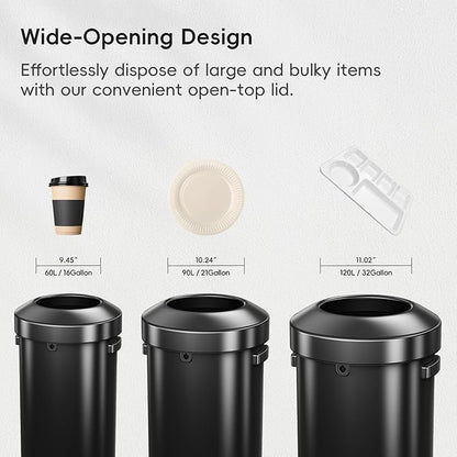 EKO Urban 32 Gallon Round Black Stainless Steel Open Top Waste Bin, Tall Commercial Trash Can for Indoor/Outdoor, Extra Large Metal Garbage Bin for Office, Restaurant, Restroom,120L