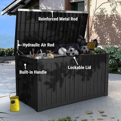 Mars Villa 180 Gallon Outdoor Storage Box, Large Waterproof Resin Deck Box for Patio Furniture Cushions, Pool Supplies, Gardening Tools, Lockable Storage Container, Weatherproof, UV Resistant, Black