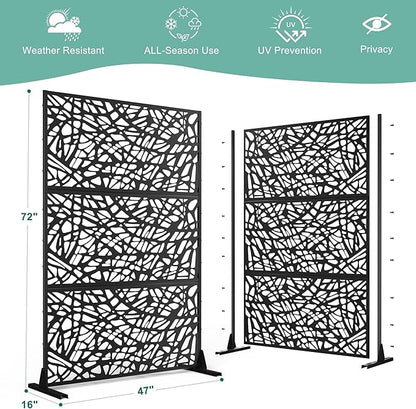 Metal Privacy Screen for Outdoor & Indoor Use, Free Standing Privacy Screen for Patio Garden Pool, 72" H x 47" W Decoative Privacy Panels, Weather Resistant, Easy Assembly (Black Net)