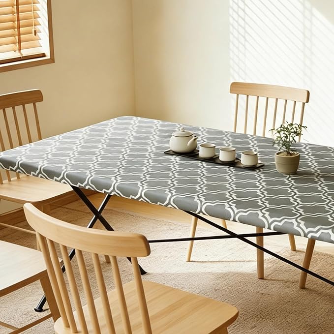 Rectangle Picnic Table Cloth, Elastic Waterproof Fitted Vinyl Tablecloths for 6 Foot Tables, Wipeable Flannel Backed Table Covers for Dining, Camping, Outdoor(Grey,36"x72")