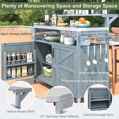 53.3" Outdoor Kitchen Island with Stainless Steel Top, Rolling Grill Cart with Adjustable Shelves, Raised Shelf, Lockable Wheels, Portable Outdoor Table and Bar Storage Cabinet for Patio