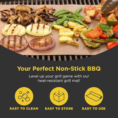 Copper Grill & Baking Mats Set of 2 - Non Stick Barbecue Grilling Mats - In Storage Case. Reusable - Easy to Clean & Dishwasher Safe Barbecue Grilling Mat with Heat Resistance up to 500°F by O-Yaki