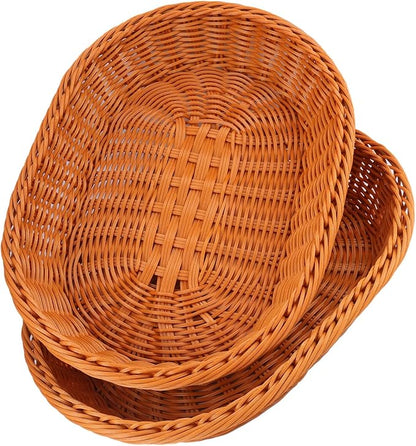 5 Pack 13.8 Inch Oval Poly Wicker Baskets, Plastic Oval Wicker Baskets, Rustic, Durable & Easy-Cleaning Wicker Bread Basket, for Home, Restaurant & Hotel Use, Brown