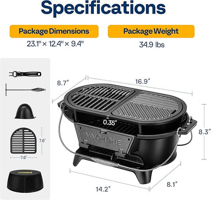 VIVOHOME Oval Cast Iron Grill with Interchangeable Grates & Griddle, 2 Furnace Doors for Heat Control, Includes Gloves, Poker and UV-Resistant Cover
