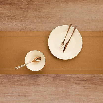 Solino Home Linen Brown Sugar Table Runner 120 Inches Long - 100% Pure Linen 14 x 120 Inch Table Runner - Classic Hemstitch