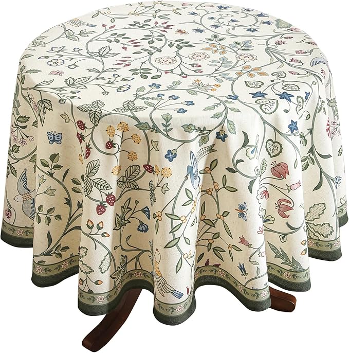 Linen 55 Inch Round Tablecloth,Wrinkle Resistant French White and Green Tablecloth Print with Froal,Decor Stitch Table Cloth for Thanksgiving,Dining Room,Home Diameter 55"-Idaho A