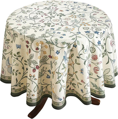 Linen 55 Inch Round Tablecloth,Wrinkle Resistant French White and Green Tablecloth Print with Froal,Decor Stitch Table Cloth for Thanksgiving,Dining Room,Home Diameter 55"-Idaho A