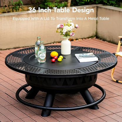 36 Inch Fire Pit with 2 Grills, Large Outdoor Firepits for Outside, Wood Burning Fireplace for Camping,Picnic,Bonfire, 3-in-1 Round Metal Table with Lid for Backyard,Patio,Party