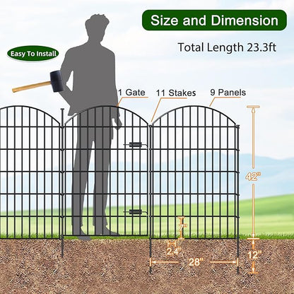 Metal Garden Fence with Gate 42in (H) x 23.3ft (L), 1 Gate+ 9 Panels Dog Fence Border Fence Animal Barrier, No Dig Garden Fencing for Yard Flower Bed Lawn Patio Outdoor, ECG4210, Black