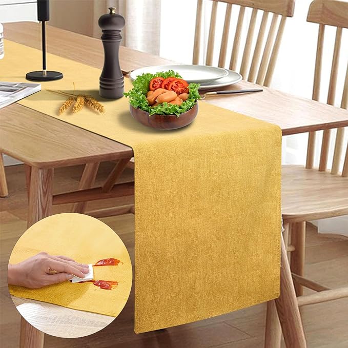 Waterproof Wipeable Table Runner, Thick Farmhouse Table Runner, Dresser Runner, Rustic Table Runner for Kitchen Dining Room, Bedroom, Living Room, Indoor and Outdoor (48'', Mustard Yellow)