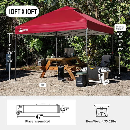 CROWN SHADES 10x10 Pop Up Canopy Tent - Patented Center Lock One Push Instant Outdoor Canopy Beach Tent with STO-N-Go Bag 8 Stakes & 4 Sand Bags，Red