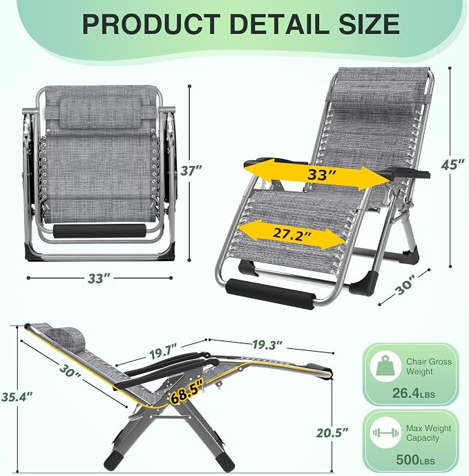 Suteck Oversized Zero Gravity Chair, 500LBS 33" XXL Reclining Lounge Chairs | - Image 2