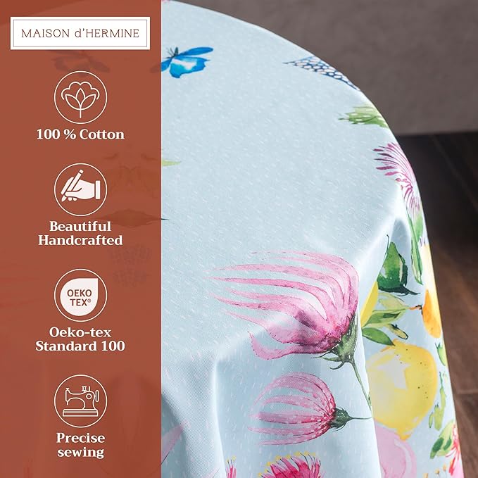 Maison d' Hermine Table Cloth Round Table 100% Cotton 69 Inches Tablecloth Reusable Decorative for Dining Room, Farmhouse, Home, Party, Festive & Wedding Spring Summer - Jardin D'Ete - Mint